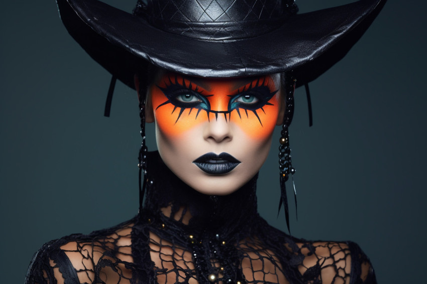 Photo of a beautiful woman with bright black Halloween makeup on Photo of a beautiful woman with bright black Halloween makeup on
