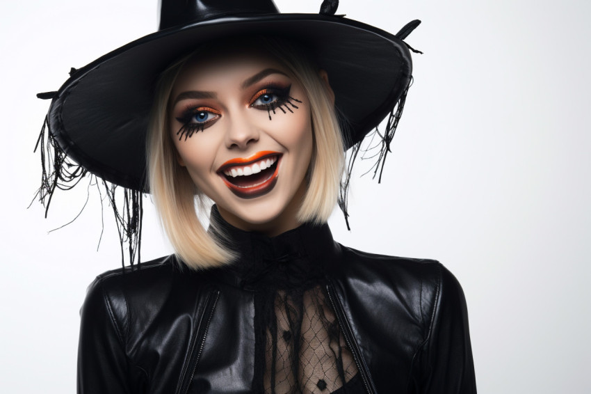 A picture of a happy young woman dressed as a witch for Hallowee A picture of a happy young woman dressed as a witch for Hallowee