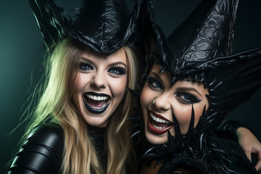 A picture of two happy young women wearing black Halloween costu A picture of two happy young women wearing black Halloween costu