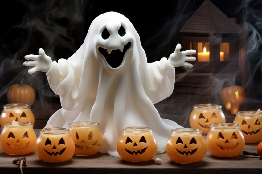 A photo of a white ghost with a pumpkin candy jar trick or treat A photo of a white ghost with a pumpkin candy jar trick or treat