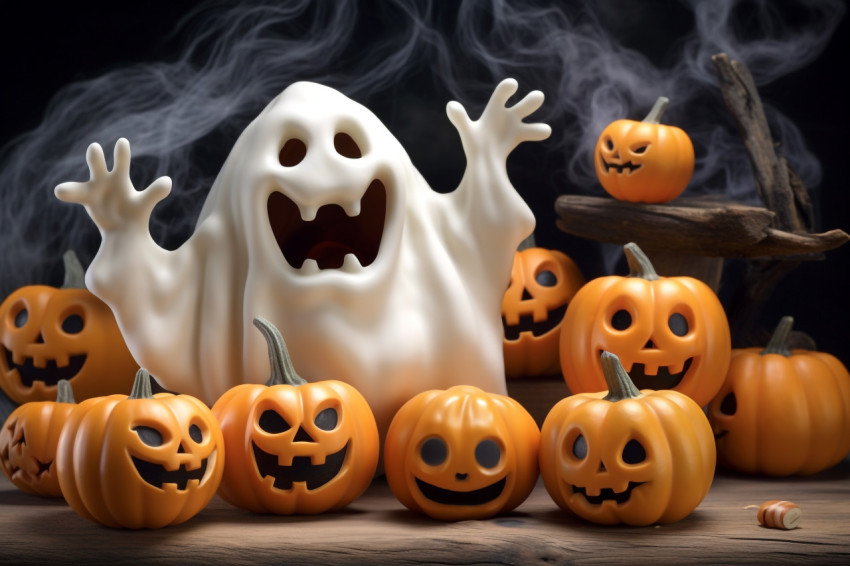 A photo of a white ghost with a pumpkin candy jar trick or treat A photo of a white ghost with a pumpkin candy jar trick or treat