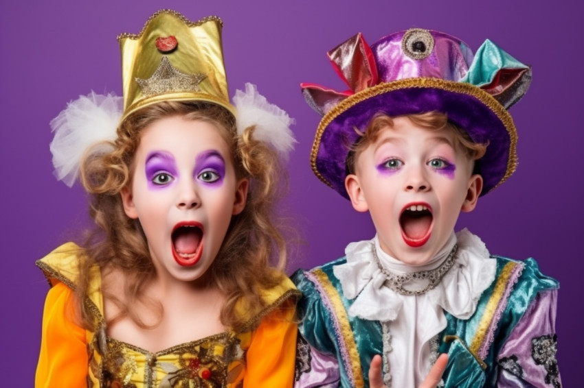 A photo of happy children in carnival costumes and makeup making A photo of happy children in carnival costumes and makeup making