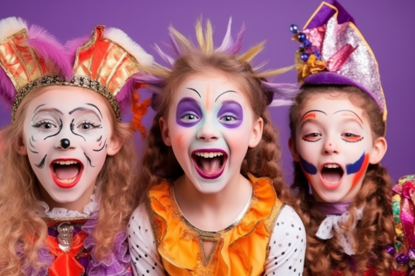A photo of happy children in carnival costumes and makeup making A photo of happy children in carnival costumes and makeup making