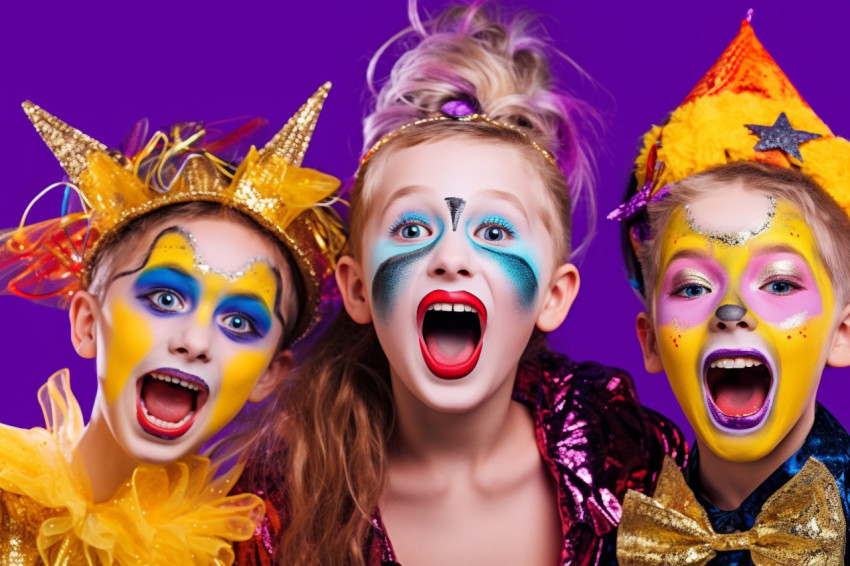 A photo of happy children in carnival costumes and makeup making A photo of happy children in carnival costumes and makeup making