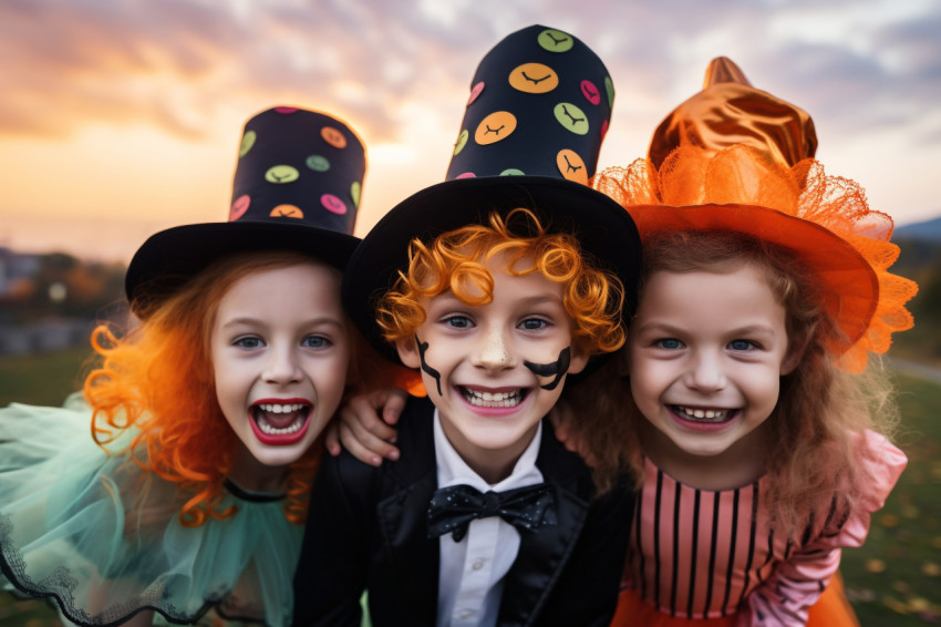 A photo of a happy brother and two sisters on Halloween A photo of a happy brother and two sisters on Halloween