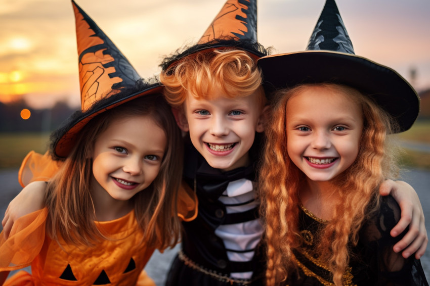 A photo of a happy brother and two sisters on Halloween A photo of a happy brother and two sisters on Halloween