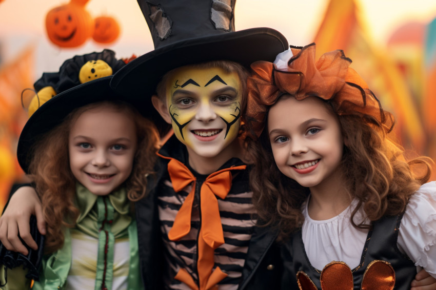 A photo of a happy brother and two sisters on Halloween A photo of a happy brother and two sisters on Halloween