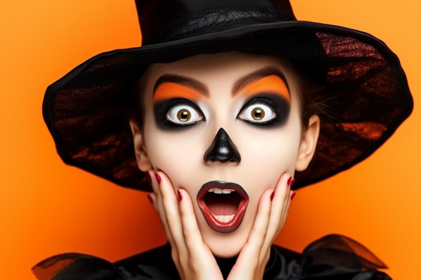 Picture of a surprised young girl in a black witch costume touch Picture of a surprised young girl in a black witch costume touch
