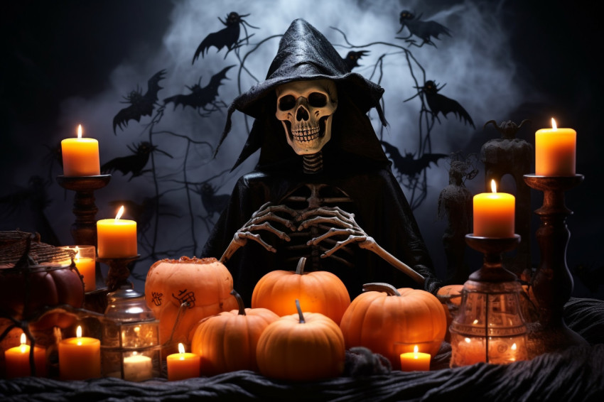 A Halloween photo of a dark room with a table covered in spider A Halloween photo of a dark room with a table covered in spider