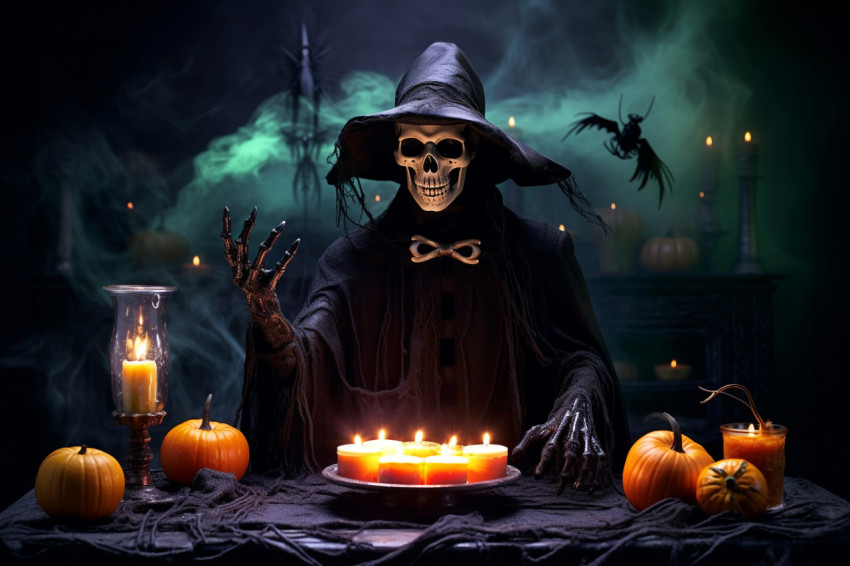 A Halloween photo of a dark room with a table covered in spider A Halloween photo of a dark room with a table covered in spider