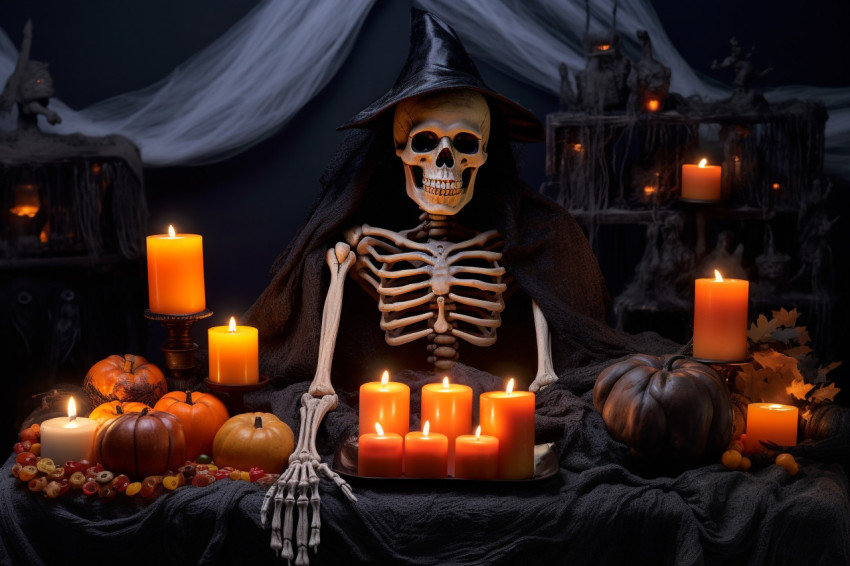 A Halloween photo of a dark room with a table covered in spider A Halloween photo of a dark room with a table covered in spider
