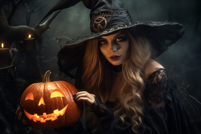 A picture of a young woman dressed as a witch on Halloween, hold A picture of a young woman dressed as a witch on Halloween, hold