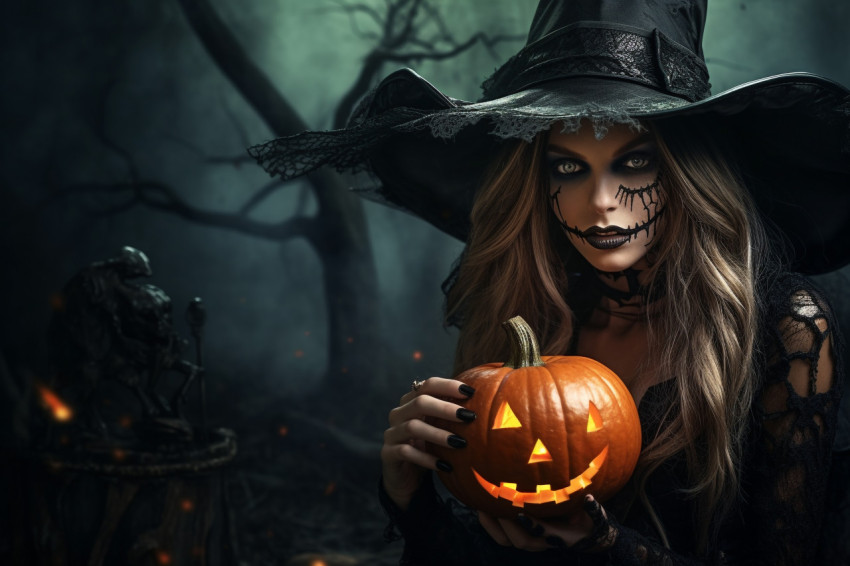 A picture of a young woman dressed as a witch on Halloween, hold A picture of a young woman dressed as a witch on Halloween, hold