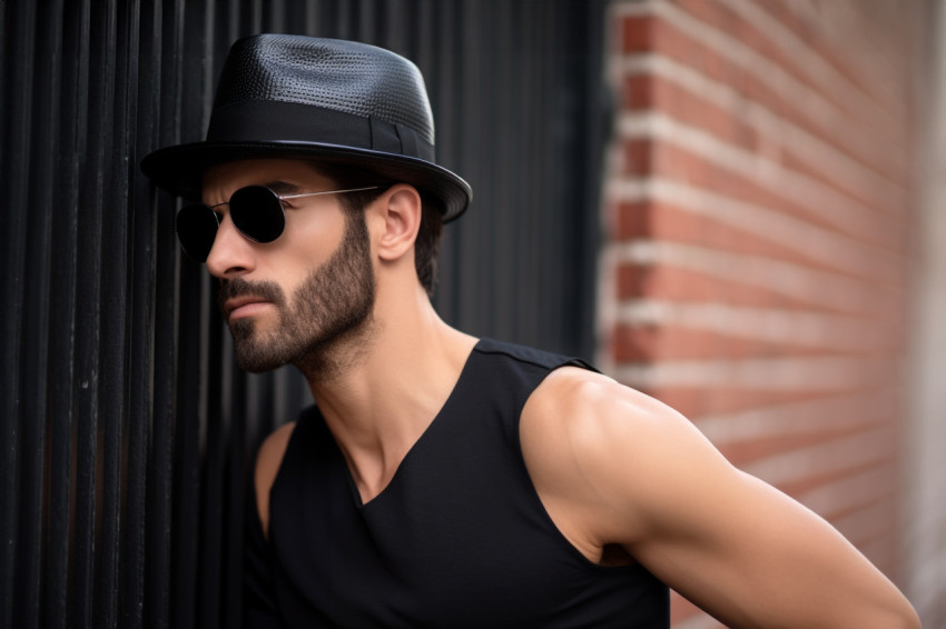 Picture of a cool young man in a black hat leaning against a wal