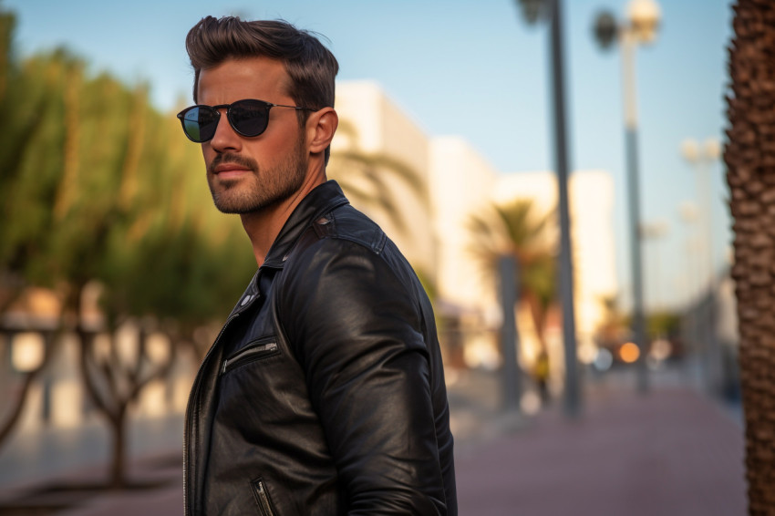 A photo of a young man wearing sunglasses and carrying a leather