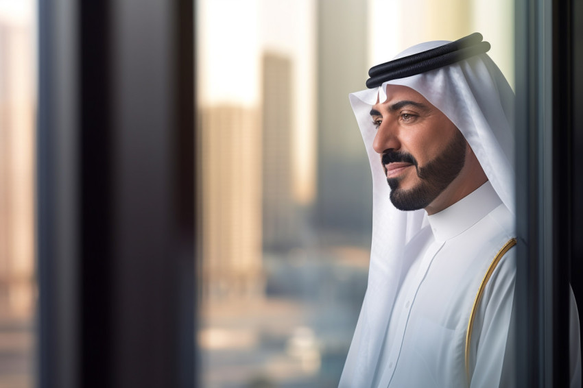 A picture of an arab businessman looking out of the office balco