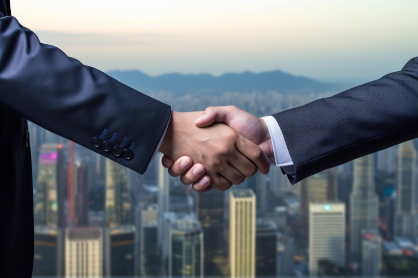 Two businessmen shake hands by a window in a tall office buildin