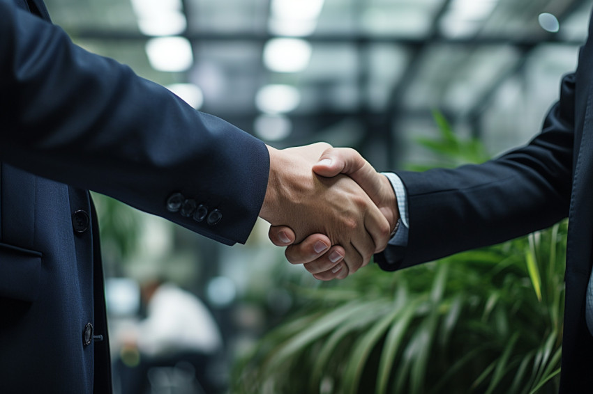 A close up photo of business people shaking hands in an office m