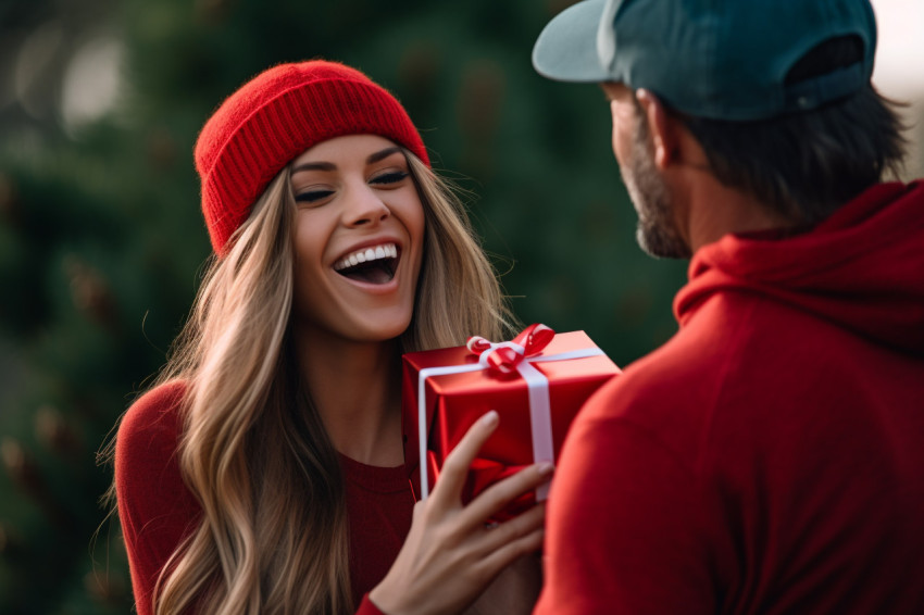 A close up photo of a man giving his girlfriend a christmas gift A close up photo of a man giving his girlfriend a christmas gift
