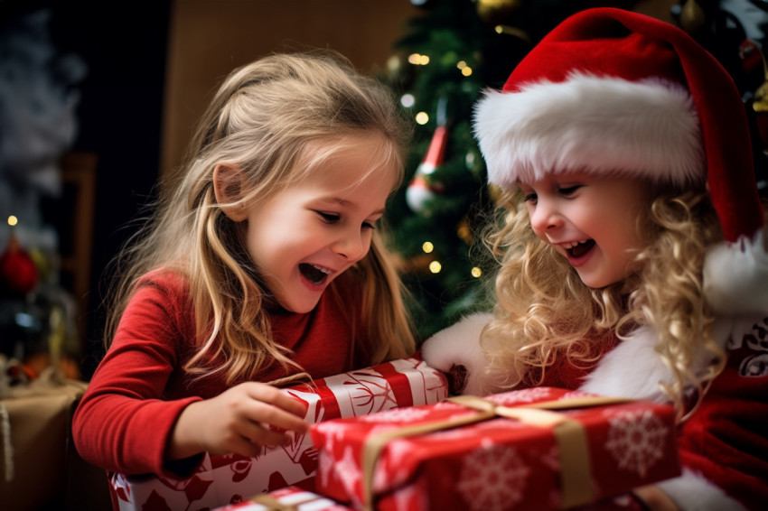 A picture of happy children opening presents on christmas and ot