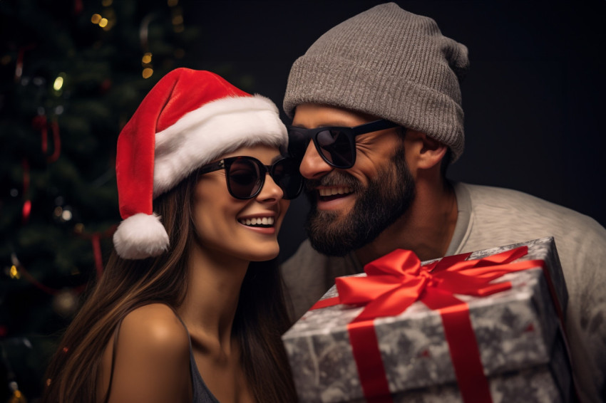 A photo of a man covering his girlfriend's eyes while he gives h A photo of a man covering his girlfriend's eyes while he gives h