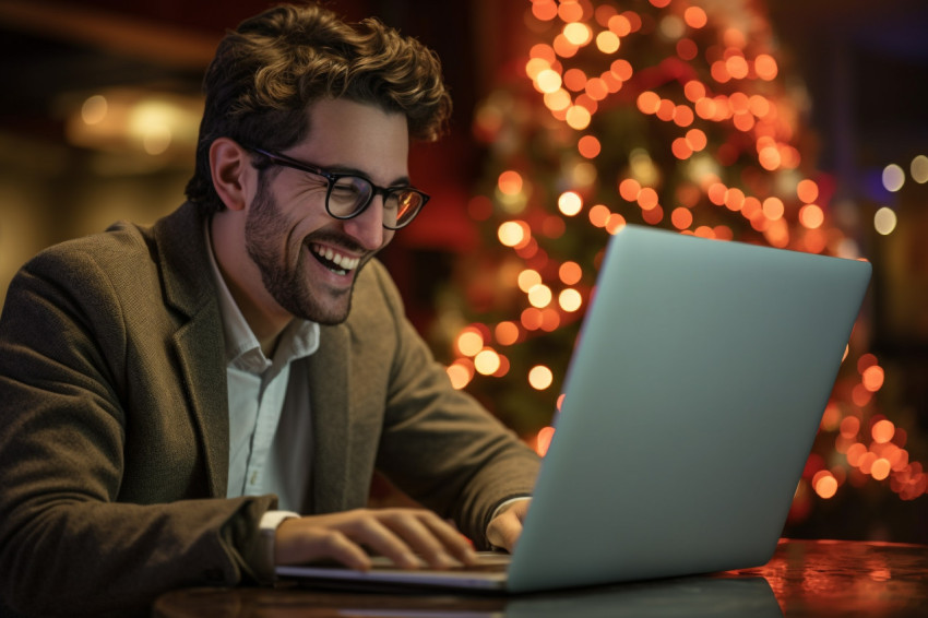A photo of a young businessman working on his laptop during the