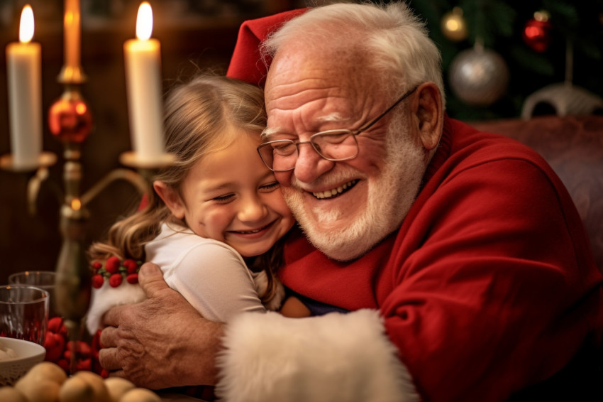 Photo of a happy little girl hugging her grandfather at christma Photo of a happy little girl hugging her grandfather at christma