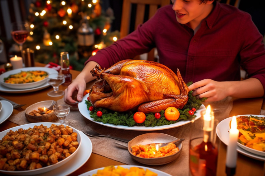 A photo of a young man placing a dish of roasted turkey on a hol