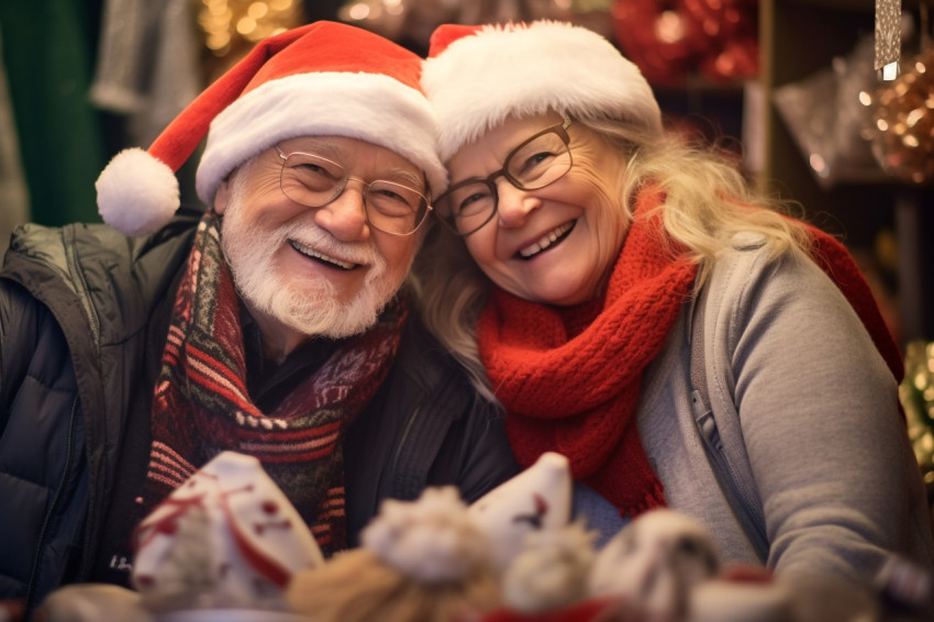 A photo of a happy older couple shopping at a christmas market s A photo of a happy older couple shopping at a christmas market s