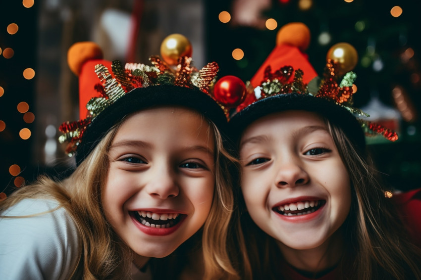 A close up photo of two pretty girls wearing new years hats, chr A close up photo of two pretty girls wearing new years hats, chr