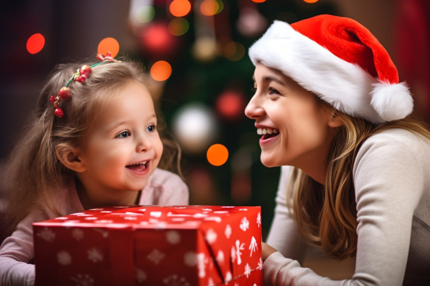 A photo of a happy mother and little girl wearing santa hats and A photo of a happy mother and little girl wearing santa hats and