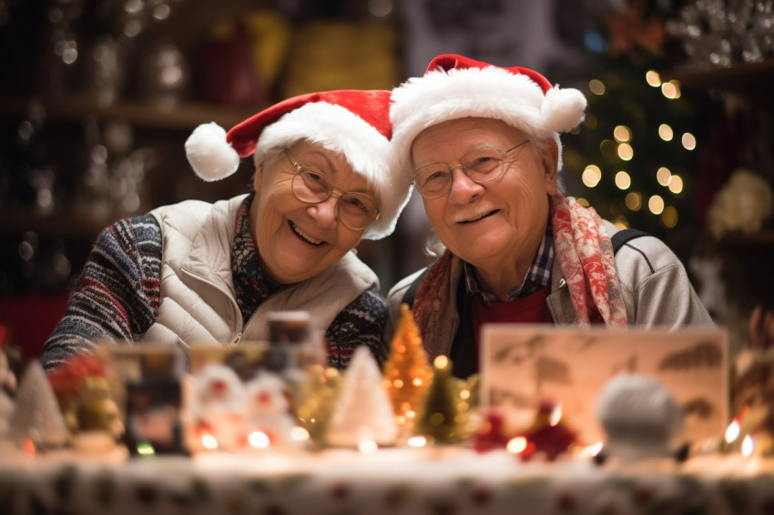 A photo of a happy older couple shopping at a christmas market s A photo of a happy older couple shopping at a christmas market s