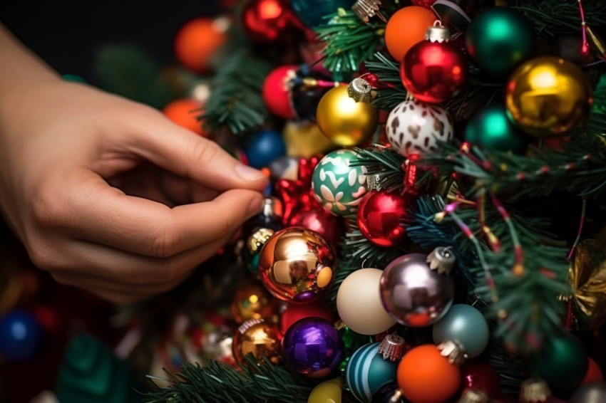 A photo of a womans hands decorating a christmas tree with balls A photo of a womans hands decorating a christmas tree with balls