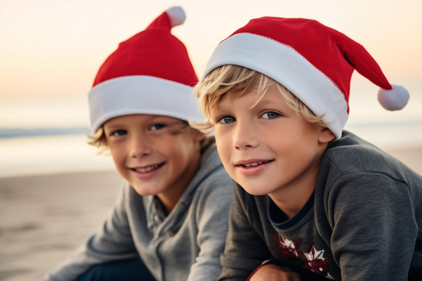 A picture of two young boys wearing santa hats sitting on the be A picture of two young boys wearing santa hats sitting on the be