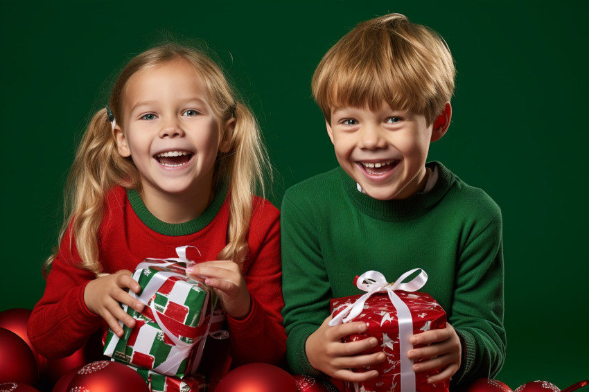 A picture of small children holding christmas balls and gifts in A picture of small children holding christmas balls and gifts in