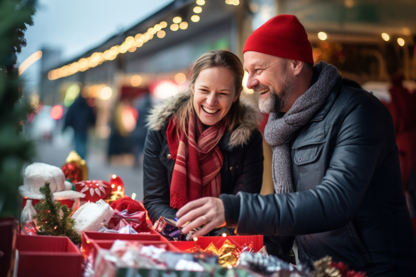 A picture of a happy couple shopping at a christmas market and p A picture of a happy couple shopping at a christmas market and p
