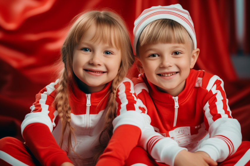 A picture of two happy kids in red and white clothes having fun A picture of two happy kids in red and white clothes having fun