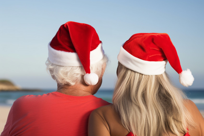 A photo of a couple wearing santa hats together on the beach, se A photo of a couple wearing santa hats together on the beach, se
