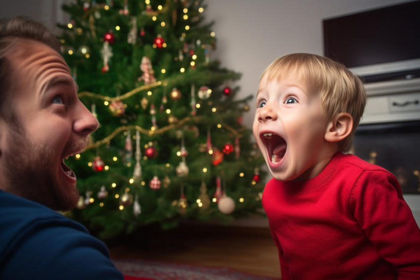 A photo of a happy son and his father looking at the christmas t A photo of a happy son and his father looking at the christmas t