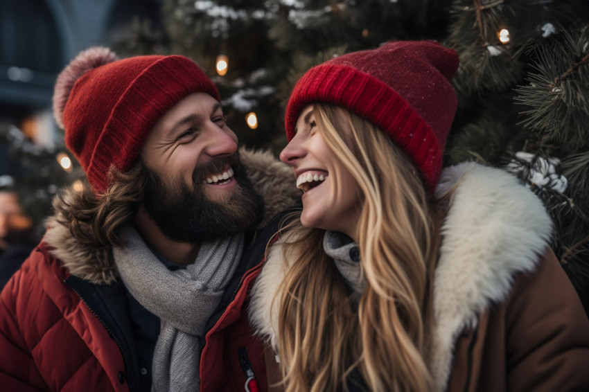 A photo of a young couple in love having fun outside in the wint