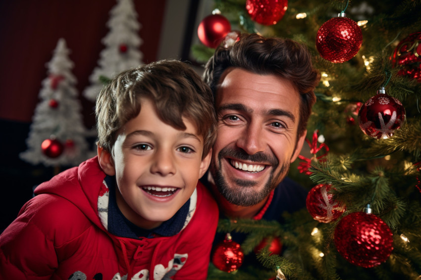 Picture of a happy dad and kid standing in front of a christmas Picture of a happy dad and kid standing in front of a christmas