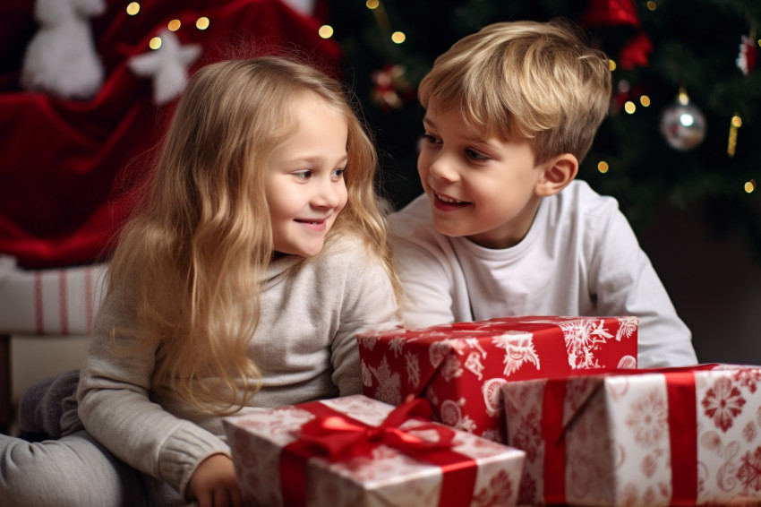 A photo of a happy little girl and boy hugging at home with chri A photo of a happy little girl and boy hugging at home with chri