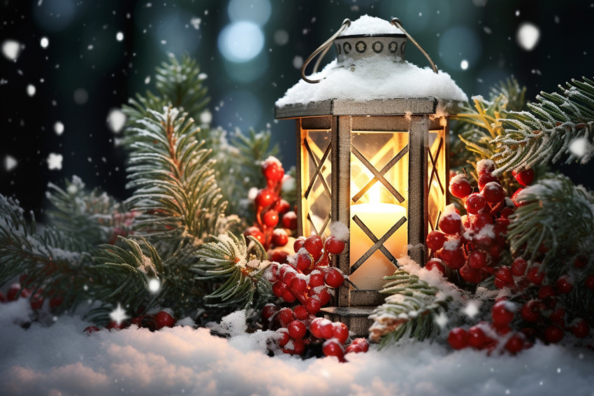 A picture of a christmas light on snow with a pine branch in the A picture of a christmas light on snow with a pine branch in the