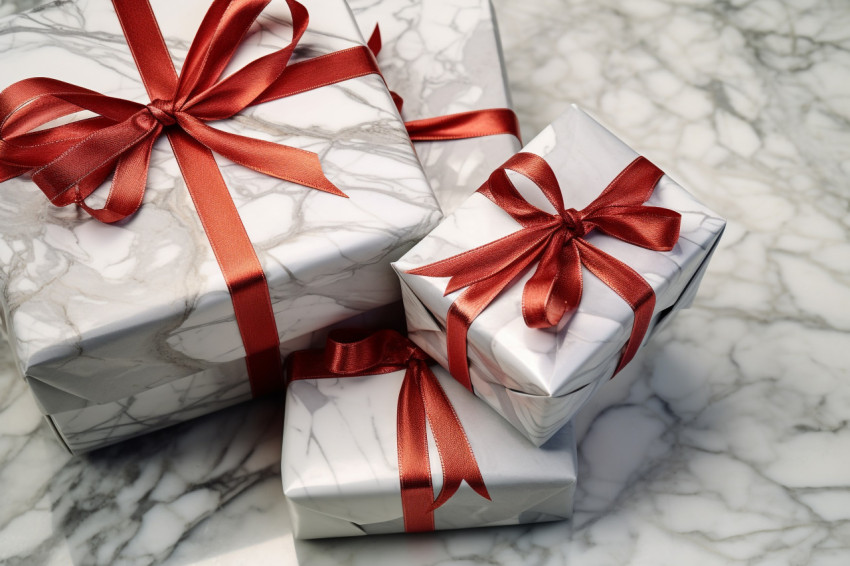A picture of silver christmas gift boxes made by hand, on a whit