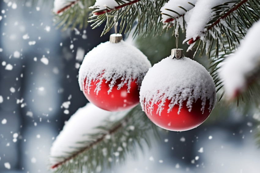 A picture of christmas ornaments on snow with snow covered fir b A picture of christmas ornaments on snow with snow covered fir b