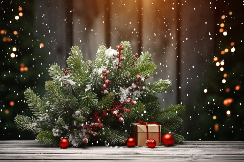 A picture of a christmas tree with holly berries and snow falling A picture of a christmas tree with holly berries and snow falling