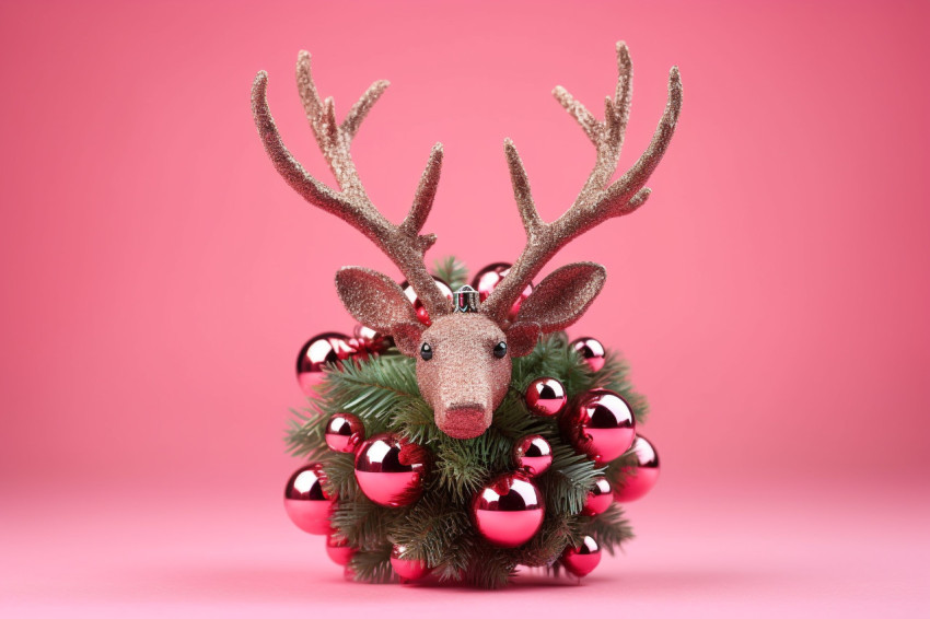 A picture of a reindeer made of christmas decorations on a light A picture of a reindeer made of christmas decorations on a light pink background