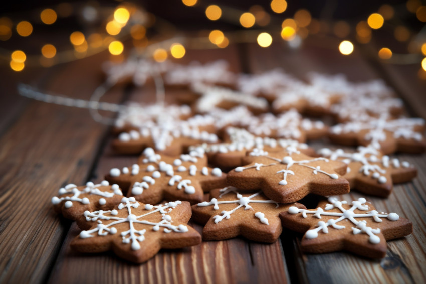A photo of gingerbread cookies hanging from a wooden background, A photo of gingerbread cookies hanging from a wooden background,