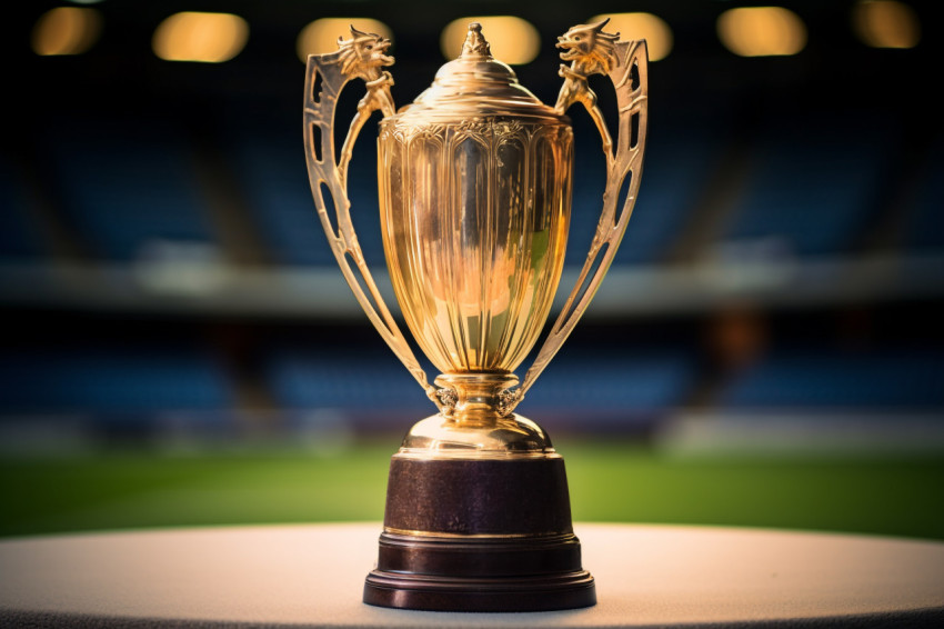 A cricket prize on a table in the empty stadium A cricket prize on a table in the empty stadium