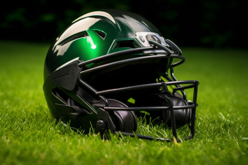 A cricket helmet seen from below, sitting on a green grass playg A cricket helmet seen from below, sitting on a green grass playg